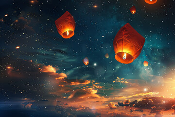 Traditional flying lanterns for background - obrazy, fototapety, plakaty