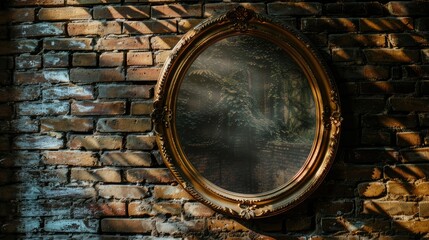 An ornate oval golden photo frame hangs on a weathered brick wall, casting intricate shadows in the soft afternoon light.