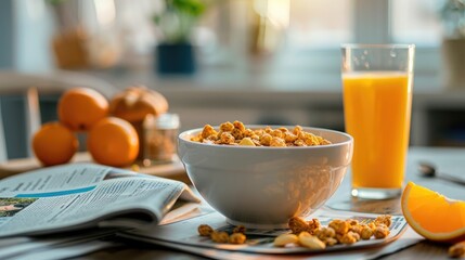 A bowl of cereal next to a glass of orange juice and a newspaper, depicting a classic breakfast...