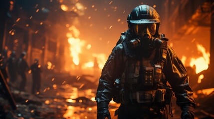 Naklejka premium Firefighter in Uniform Walking Through Flames