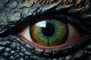 Unblinking Dinosaur eye closeup. Reptile face. Generate Ai