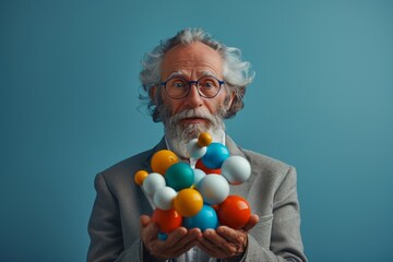 Senior chemistry professor presenting colorful molecular model in studio