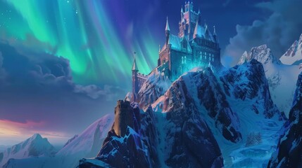 A magical castle perched on snowy mountain peaks bathed in the ethereal glow of the Northern Lights.