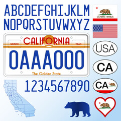 California state car license plate, old style, letters, numbers and symbols, vector illustration, United States of America