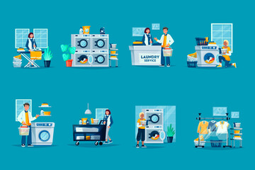 Laundry service scenes in flat design