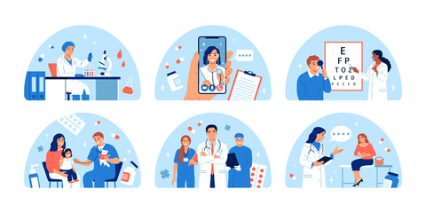 Health worker hand-drawn cartoon composition set