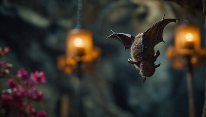 A bat hanging upside down