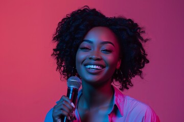 Joyful singer with a microphone enjoying a moment on vibrant background