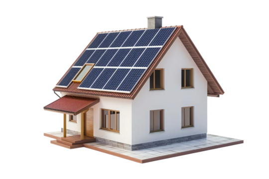 Model of house with photovoltaic panels on the roof isolated on transparent background. Living building with solar battery. - Powered by Adobe