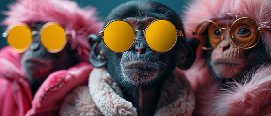 Two chic monkeys posed in pink fluffy jackets and sleek round sunglasses against a teal backdrop