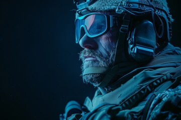 Special forces operator in full tactical gear with night vision equipment