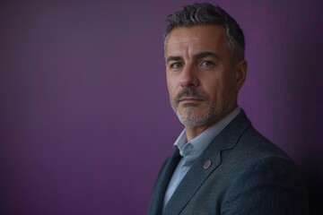 Confident detective in suit standing against a purple background