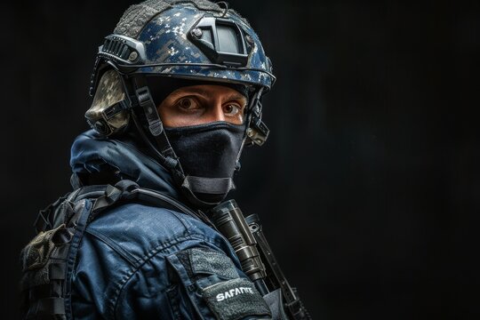 Close-up of a SWAT team member in tactical gear against a dark background