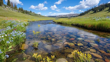 A crystal-clear stream meandering through a pristine meadow, bordered by wildflowers in full bloom.
