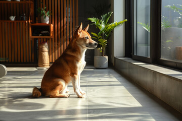 Dog sits on a floor by the window and waiting owners return in a contemporary living space.