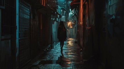 A dark alleyway with a lone woman walking, highlighting the dangers women often face in public spaces.