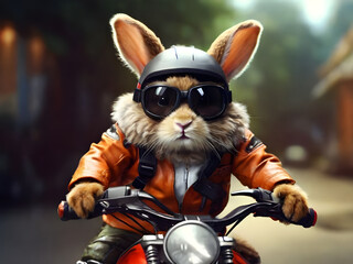 A rabbit drives a motorcycle. Motorbike on the road riding.  - obrazy, fototapety, plakaty