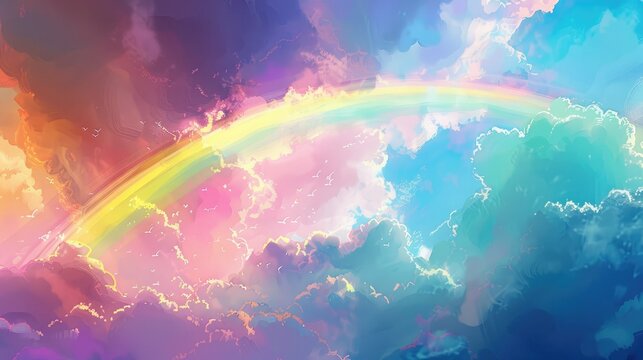 A digital painting of a colorful rainbow stretching across the sky, symbolizing the beauty of diversity and the importance of tolerance.