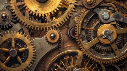 Close-up view of the complex and detailed gears within a vintage timepiece, highlighting the...
