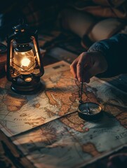 A hand holds a compass over a vintage map illuminated by the warm glow of an oil lantern,...