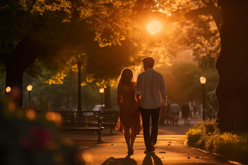 A couple of boy and girl walking calmly at sunset on the street in a romantic image - 762222608