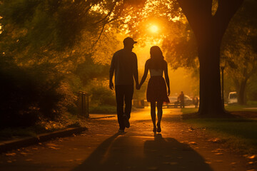 A couple of boy and girl walking calmly at sunset on the street in a romantic image - 762222622