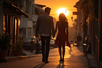 A couple of boy and girl walking calmly at sunset on the street in a romantic image - 762222660