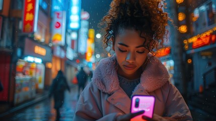 women curly latin uses a smartphone to shop online for the latest trends - obrazy, fototapety, plakaty