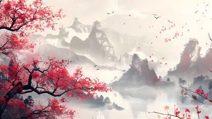 Japanese-inspired background merges traditional Chinese artistry with contemporary design elements. Featuring a blend of vibrant hues, cherry blossom motifs, and serene landscapes, perfect for celebra