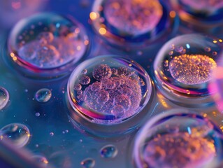 Microscopic view of embryonic stem cells in a culture dish petri. Pluripotent cells as they begin to differentiate into various cell types. Stem cells their uniform yet undetermined structures. AI. - obrazy, fototapety, plakaty