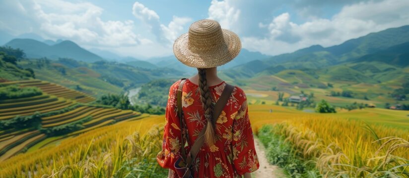 Asian woman wearing culture traditional in Rice terrace
