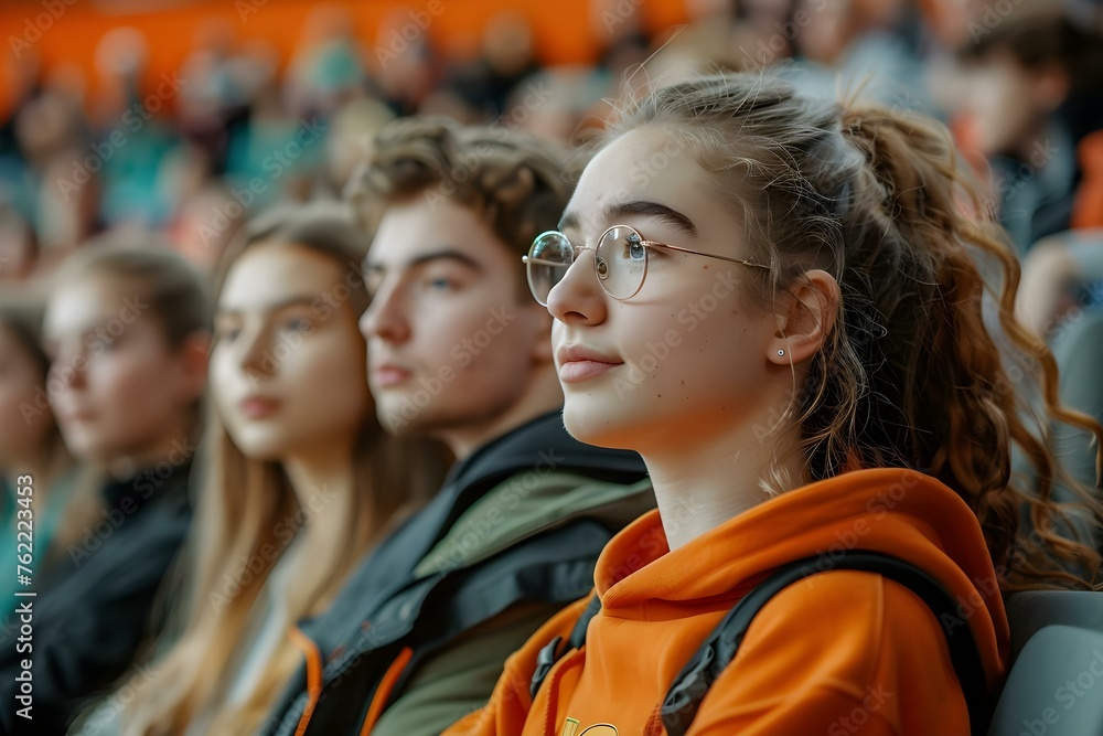 Poster students attentively listening during a university lecture in a crowded lecture hall. concept univer