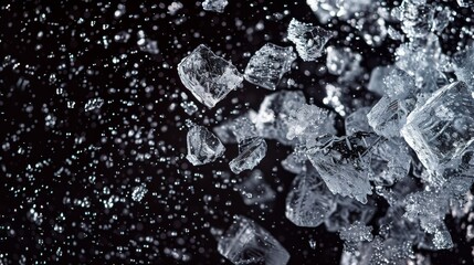 Crushed ice scattered across a dark background, depicting the motion of ice pieces dispersing - obrazy, fototapety, plakaty