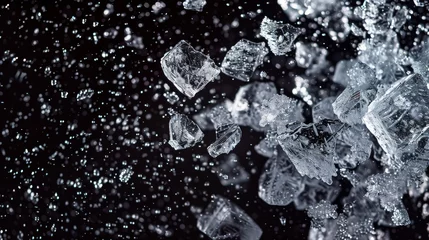 Fotobehang Crushed ice scattered across a dark background, depicting the motion of ice pieces dispersing © Orxan