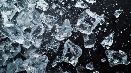 Crushed ice scattered across a dark background, depicting the motion of ice pieces dispersing