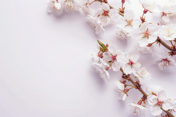 spring cherry blossoms on the left top view, copy space, white background