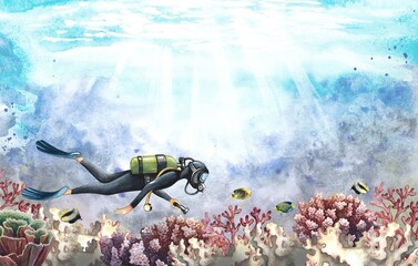 A banner with a diver floating underwater. A curb with an underwater journey with a background. Hand-drawn watercolor painting. For business card and banner, flyer and brochure, postcard and packaging