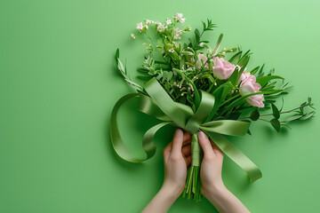 A female florist collects a spring bouquet with a ribbon on a green background