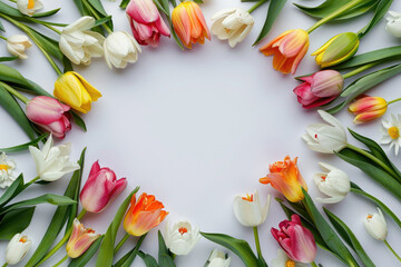 round frame of multicolored, spring flowers on a white background