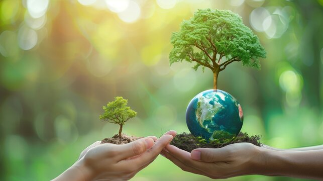Earth day banner: hands holding earth globe, growing tree - arbor day, environment, clean planet, ecology concept