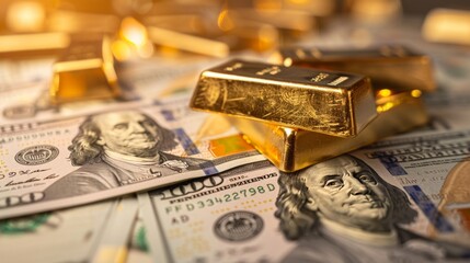 The portrayal of wealth and stability through the imagery of gold bars accompanied by dollar notes - obrazy, fototapety, plakaty
