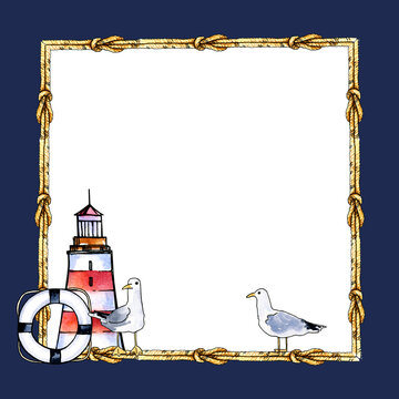 watercolor frame from old vintage knot, striped red and white lighthouse with lifeline and seabird, hand drawn square frame of textured rope with knots, striped lifeline and seagull, blue background