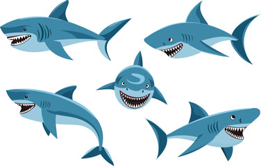 sharks in flat style set, vector