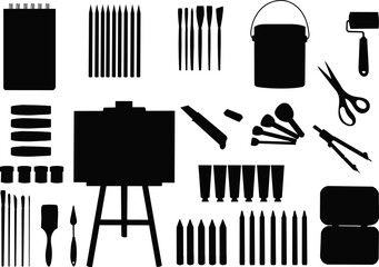 easel, paints, pencils silhouette set, vector