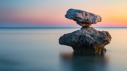 The serene balance of rock formations against the tranquil backdrop of the sea, symbolizing harmony and stability in nature - obrazy, fototapety, plakaty