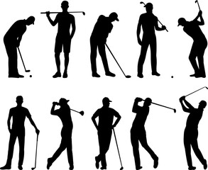 men playing golf silhouette set, vector