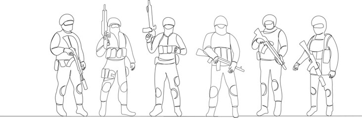 soldiers with weapons sketch set, vector