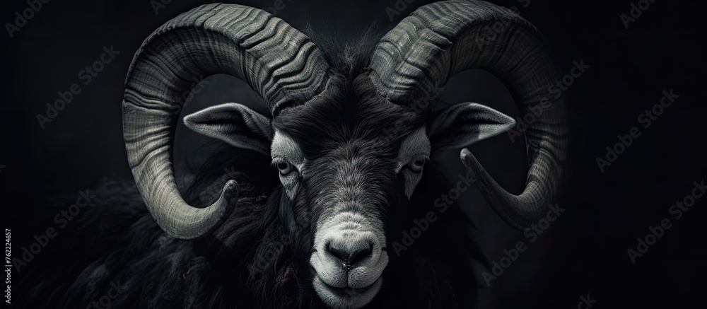 Poster a black and white sculpture portraying a working animal a ram with large horns. symbolizing strength