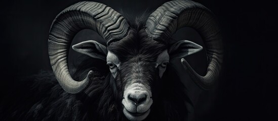A black and white sculpture portraying a working animal a ram with large horns. Symbolizing strength and symmetry, it evokes images of elephants and mammoths in darkness - obrazy, fototapety, plakaty