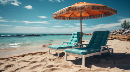 relax sunbed and umbrellas on the beach with soft - obrazy, fototapety, plakaty